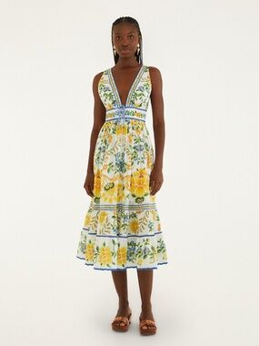bicolor stripes organic cotton midi dress Farm Rio Stripe Cotton Sleeveless V-Neck Drop-Waist Midi Dress